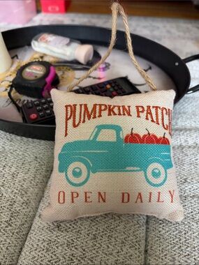 Pumpkin Patch Truck Hanging Pillow - Teal & Orange